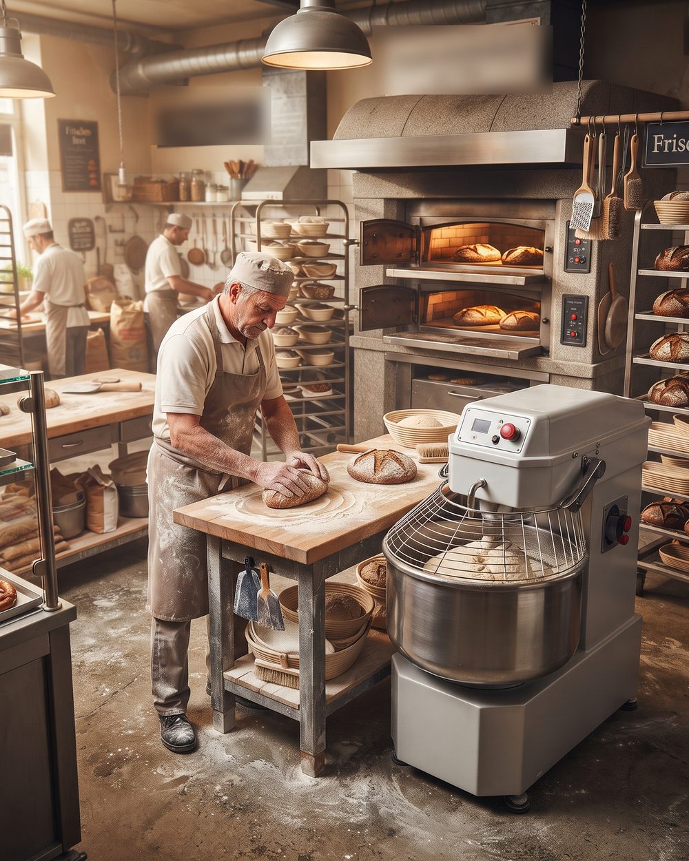 Bäcker formt Teiglinge an einem Holztisch, dahinter Steinbackofen und Knetmaschine