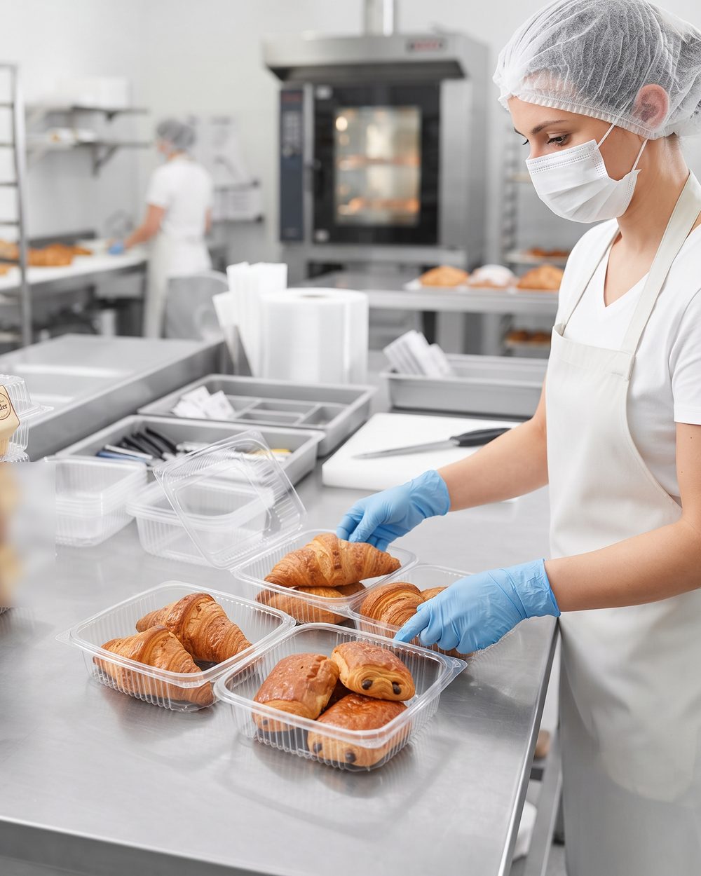Mitarbeiterin in Schutzkleidung verpackt Croissants und Plundergebäck in Schalen
