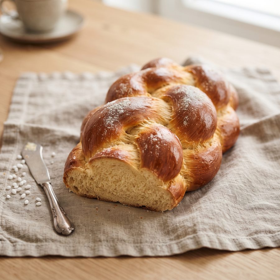 Geflochtener Butter-Hefezopf mit Puderzucker auf einem Leinentuch