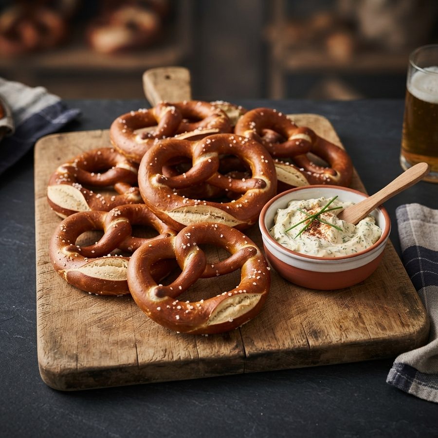 Mehrere Laugenbrezeln auf einem Holzbrett, daneben ein Kräuterdip