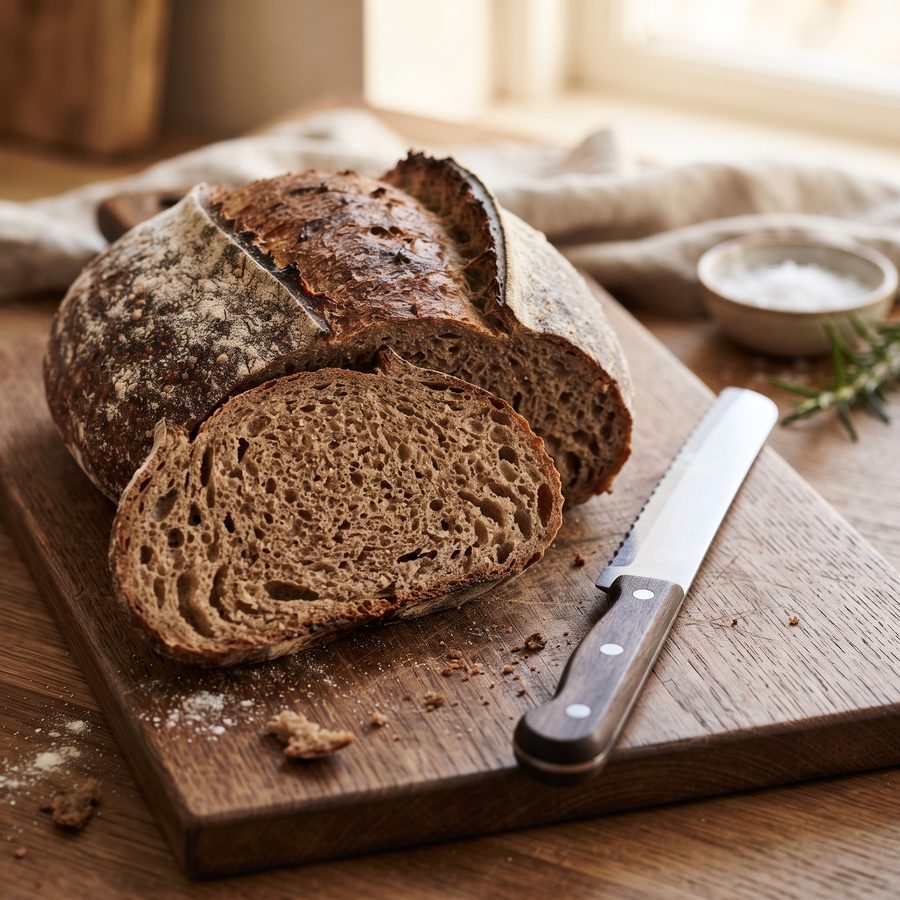 Angeschnittenes dunkles Roggen-Sauerteigbrot auf einem Holzbrett