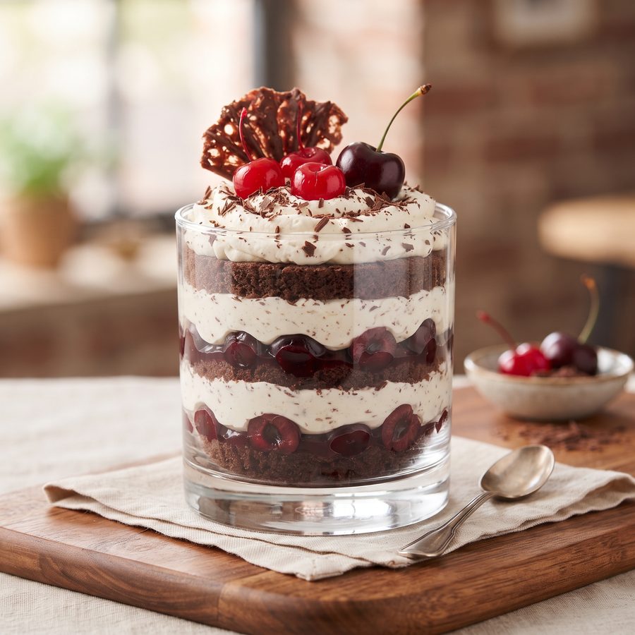 Geschichtetes Kirsch-Trifle im Glas mit Sahne, Kirschen und Schokoladendekor