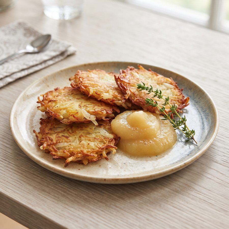 Drei goldbraune Kartoffelpuffer mit Apfelmus auf einem Teller