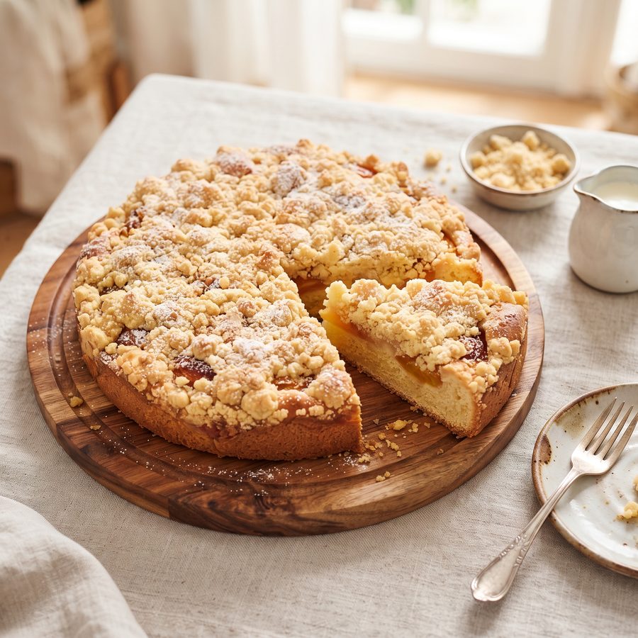 Runder Streuselkuchen mit Aprikosen, ein Stück ist herausgeschnitten