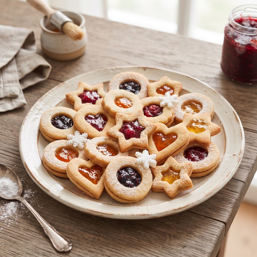 Mürbeteig-Plätzchen mit Marmeladenfüllung auf einem hellen Teller