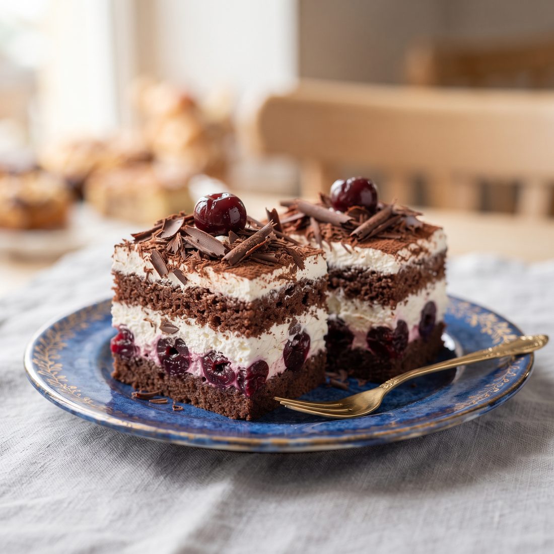Ein Stück Schwarzwälder Kirschtorte mit Sahne, Kirschen und Schokoladenspänen auf einem blauen Teller