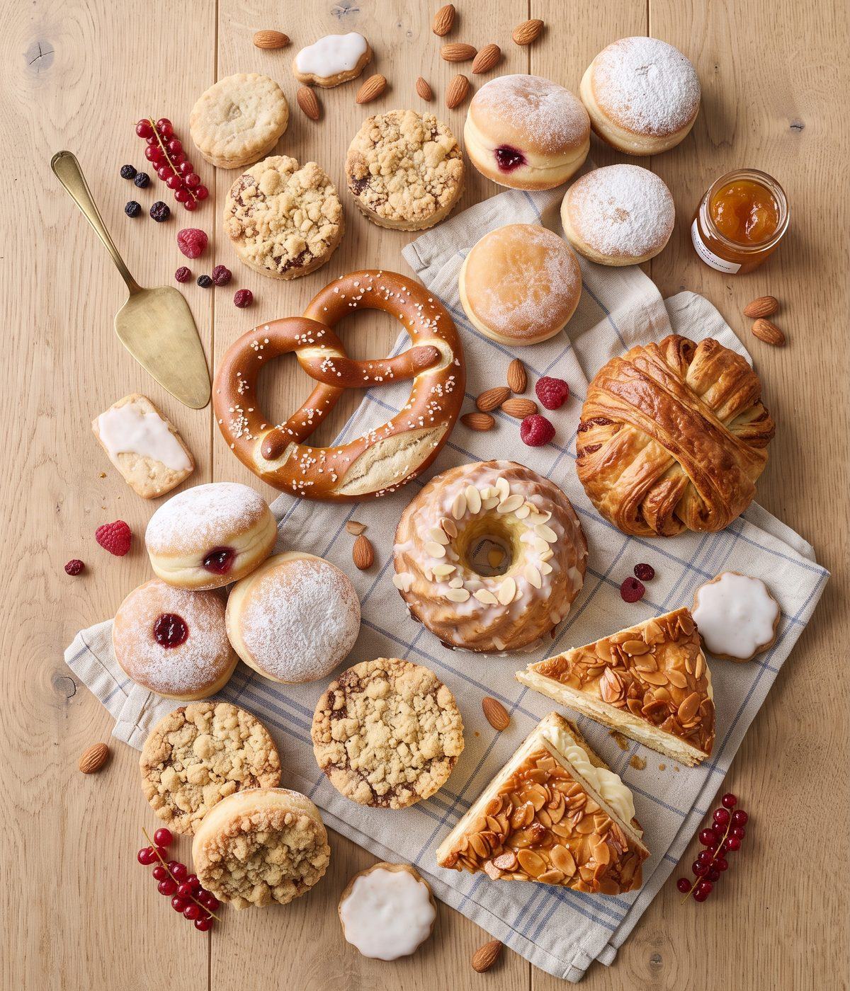 Verschiedene Plundergebäcke, Croissants und Schnecken von oben auf hellem Untergrund angeordnet
